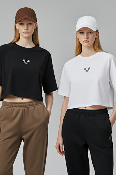 soft&basic Tricou crop scurt pentru femei, cu broderie, 100% bumbac organic, ...