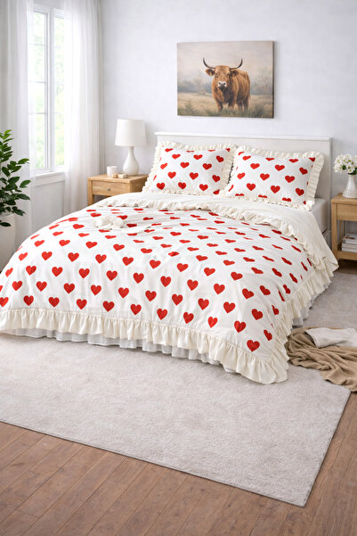 GÖRMEZ TEKSTİL Leyla Beyaz - Red Single Ruffle Duvet Cover Set Natural Cotton