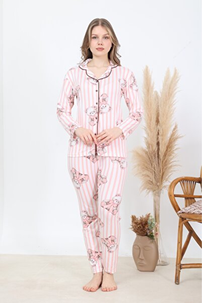 BARAY TEKSTİL Milan Kumaş Pembe Çizgili Ayıcık Desenli Kadın Pijama Takımı - ...