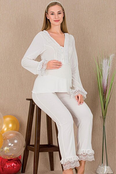 REN Women's 2-Piece Short Sleeve Maternity Pajama Set, Lace Detail, Nursing B...