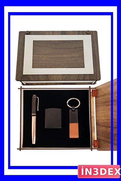 İN3DEX Copper Pen Keychain and Lighter Set with Wooden Box
