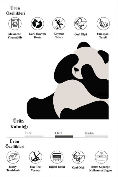 Qatalina Özel Kesim Panda Desenli Kaymaz Mutfak Halısı | Modern Siyah Beyaz Tasarım