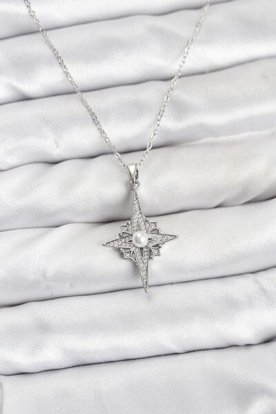 Nehir 316L Steel Chain Silver Color Pole Star Model Zircon Stone Women's Neck...