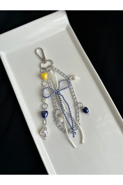 Handmade Kalp ve inci detaylı marin çanta charmı çanta süsü anahtarlık
