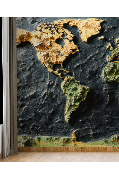Tasarım Kabartma Dünya Haritası Duvar Kağıdı – Koyu Okyanus ve Altın Toprak T...