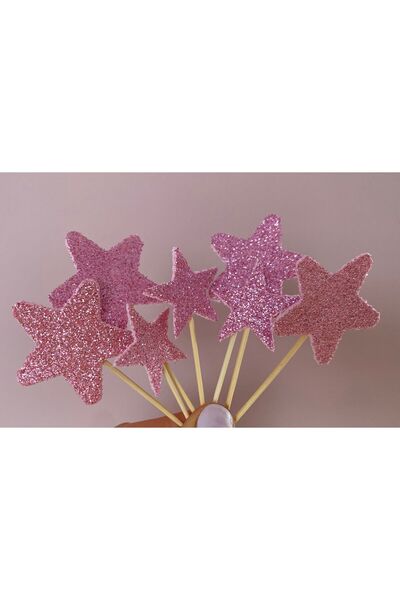 nerisdesign Yıldız Simli Eva Kürdan – Pasta & Cupcake Süsü – Pembe– 10 Adet