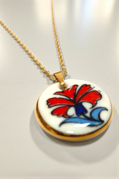 Kent Porselen El Yapımı Karanfil Desen Porselen Kolye-Çelik Zincirli-Altın/Pl...