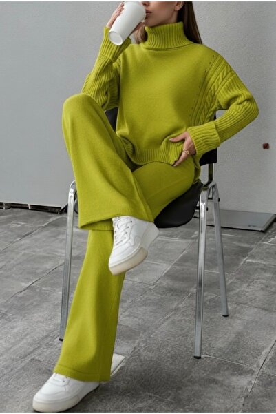 NEWCO Women's Corded Fabric Collar Hair Knit Patterned Knitwear Set with Slit...