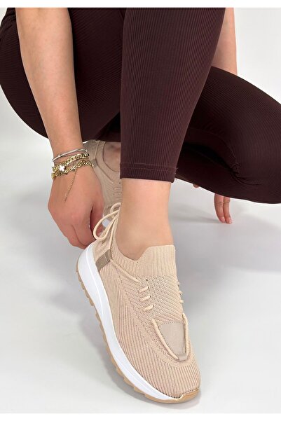 FRESCO SCARFS Renji Beige Knitwear Lace-Up Sports Shoes