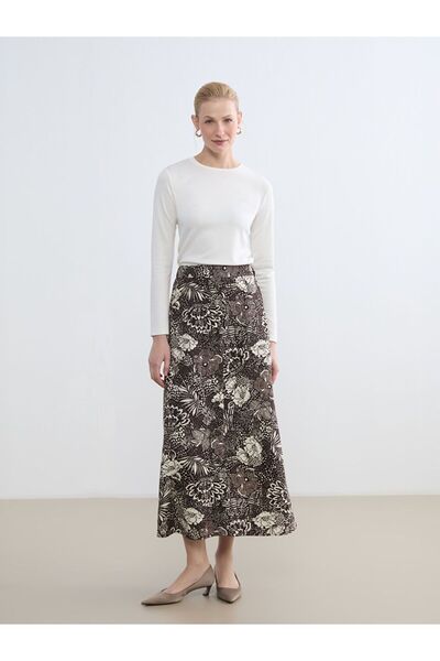 LC Waikiki Lcw Grace Brown Floral Skirt with Elastic Waist