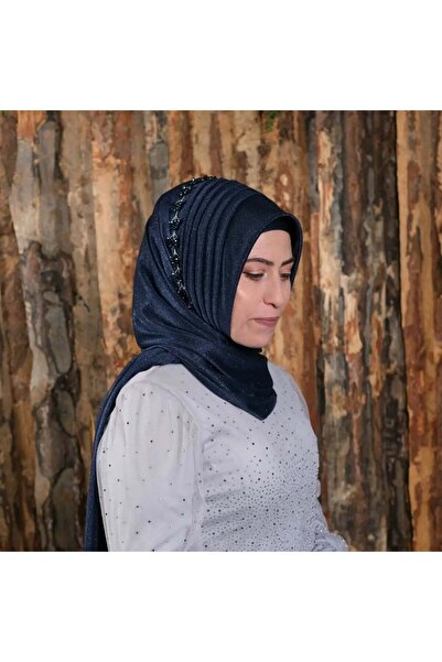 semahazırduvak Koyu lacivert simli aksesuarlı modelhazır türban hazır şal abi...