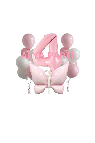 ALYA PARTİ 4 Yaş Rakam Folyo Balonlu Retro Pembe Kelebek Doğum Günü Seti