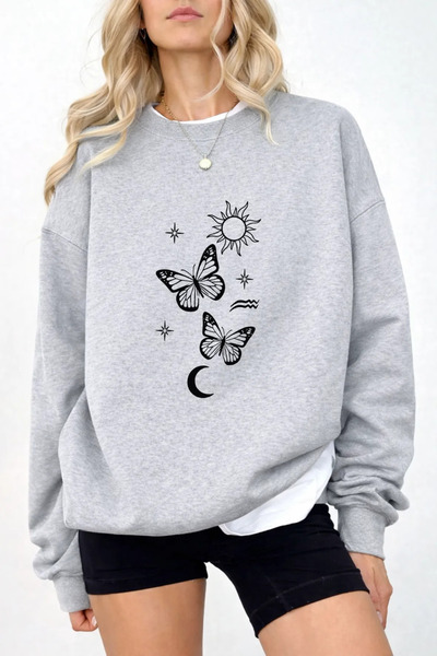 Pink Sky Unisex Printed Crew Neck Sweatshirt Oversized Cotton Daily Comfortable