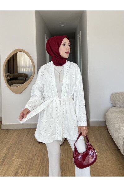 Nsade Ensade Lined Stone Detailed Scallop Kimono |   Stylish Belted Hijab Kimono