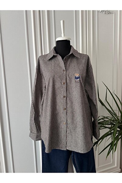NOXS Çizgili Ayıcık Nakışlı İnce Oduncu Gömlek