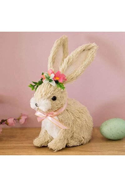 OEM Decorative Easter Figurine Grass Rabbit with Flowers & Pink Ribbon 20cm I...
