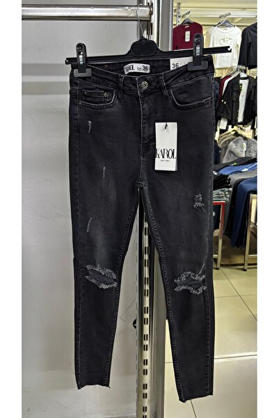 KAROL Siyah/FÜME yırtık detaylı normal bel Likralı kesik paçalı skinny jeans