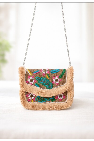 ARDSU Geantă boemă cu curea, brodată manual cu mărgele, stil Banjara/Boho/Vin...