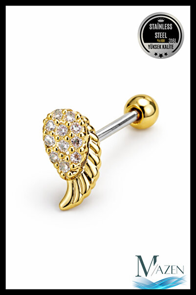 MAZEN Melek Kanadı Tragus Piercing | Zirkon Taşlı Gold 316L Çelik Kıkırdak Helix
