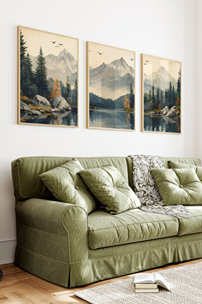 kutuTR Ahşap Çerçeveli 2D UV Baskı 3'lü Tablo set–Dağ Manzaralı Göl ve Orman ...