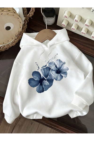 Marco Fresco Унисекс синя блуза с качулка и принт на хибискус