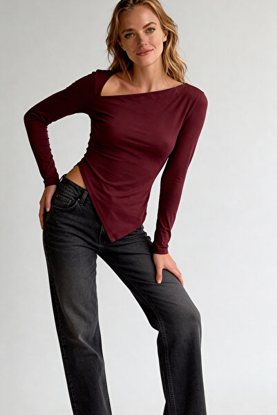Evelora Bordo Asimetrik Kesim Slim Fit Full Likralı Kadın Body Bluz