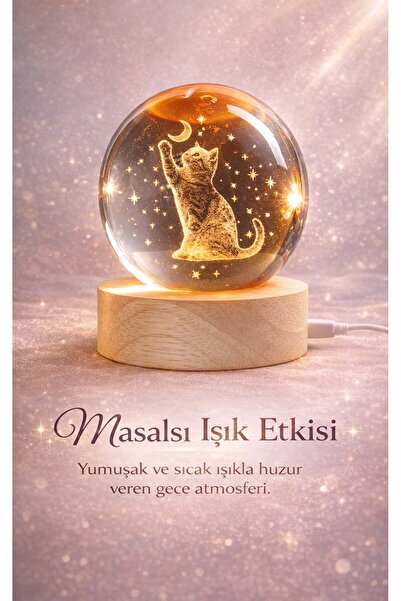 FaroxTech 3D Lazer İşlemeli Kristal Küre Gece Lambası - Ahşap Kaideli Ay ve K...