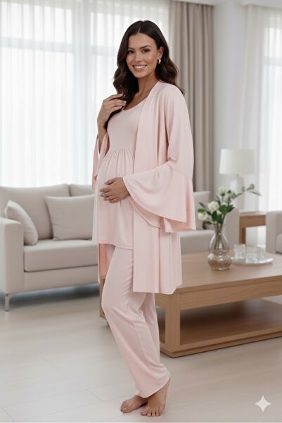 Lohusa Dünyasi Women's Powder Special Design Lace Maternity Nightgown Set