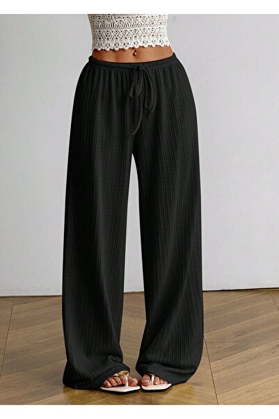 Hera Moda Women's Black Color Waist-Tie Wide Leg New Rib Knit Pants
