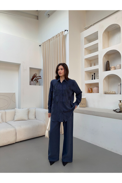 MİA NOURA COSTUM DE CĂMAȘĂ ȘI PANTALON PENTRU FEMEI, CU BRODERIE DE MĂRGELE P...