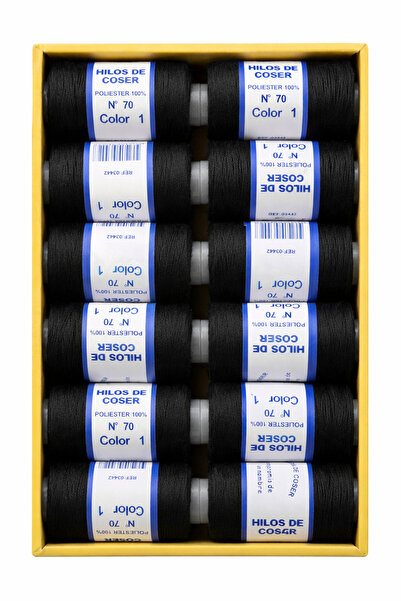 NO BRAND Sewing thread set – 12 spools, 100% polyester, No. 70, Black