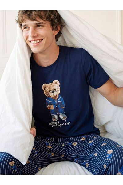 LC Waikiki Σετ ανδρικών πιτζάμες Standard Mold Bear Teddy με τύπωμα