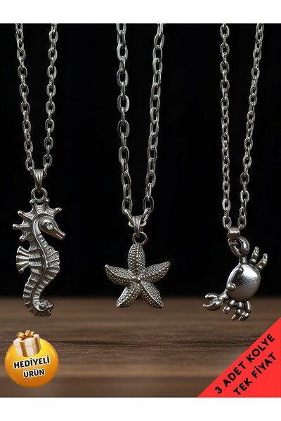 Piercing Market Steel & Silver 3 Lü Set Kombin Kolye Deniz Yıldızı Denizatı V...