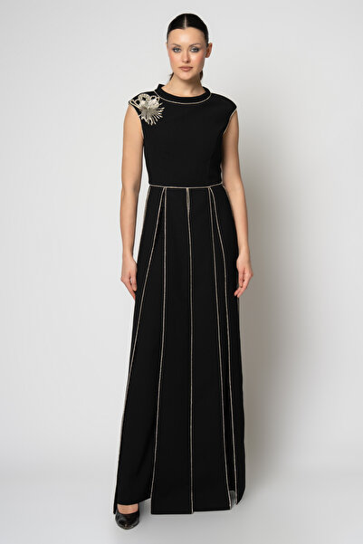 RENGIN Tek omzu metal aksesuarlı ay kollu üst ve krep pantolon abiye takım