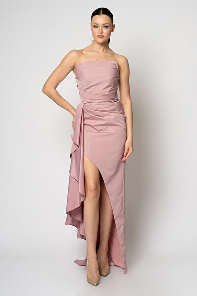 RENGIN Önü kısa belden parçalı straplez tafta abiye elbise