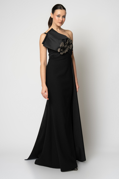 RENGIN Göğüs ortası çift çiçekli tafta parçalı krep abiye elbise