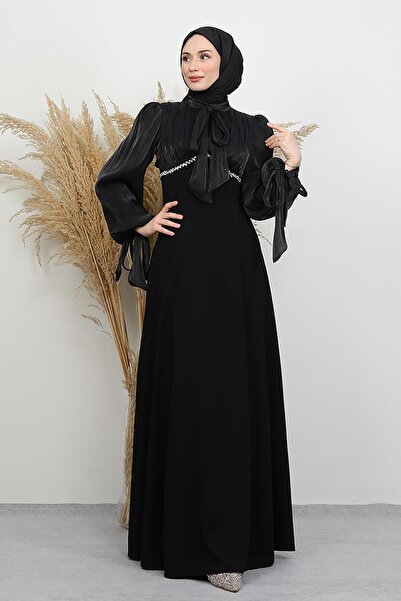 GİYZAMİLA Tan Taş Detay Abiye Siyah