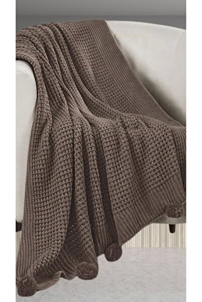 DOUX HOME Selanik 10 Ponponlu Triko Örgülü Tv Battaniyesi 130 X 170 Cm KAHVE