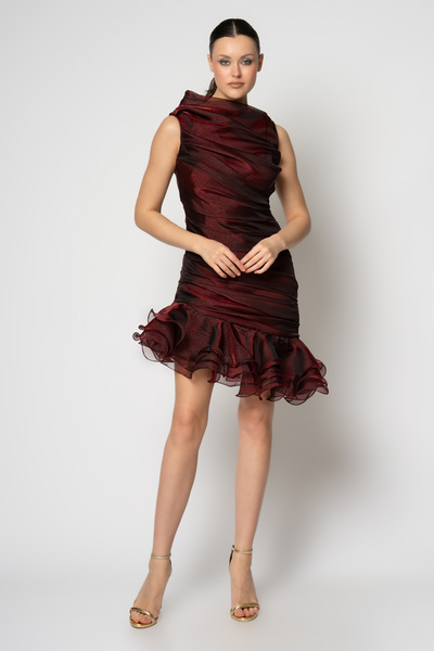 RENGIN Komple büzgülü dik yaka eteği fırfırlı organze abiye elbise