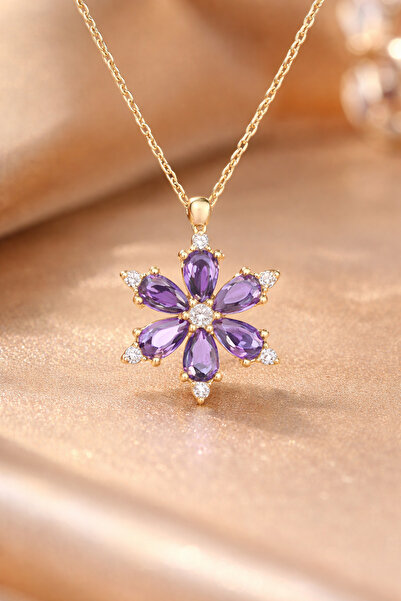 Home Purple Stone Lotus Flower Steel Necklace |   Gold Color |   Zircon Stone...