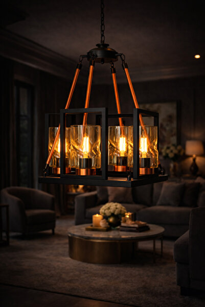 Avize 4’lü Camlı Sarkıt | Siyah Gövde & Bakır Detay | Amber Cam