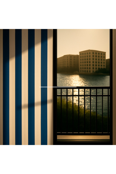 SHY TEKSTİL Blue and White Striped Solid Color Cornice-Laced Balcony Curtain ...