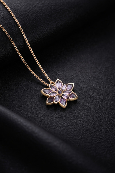 Home Purple Lotus Flower Necklace |   Zircon Stone |   Gold Color |   Stainle...