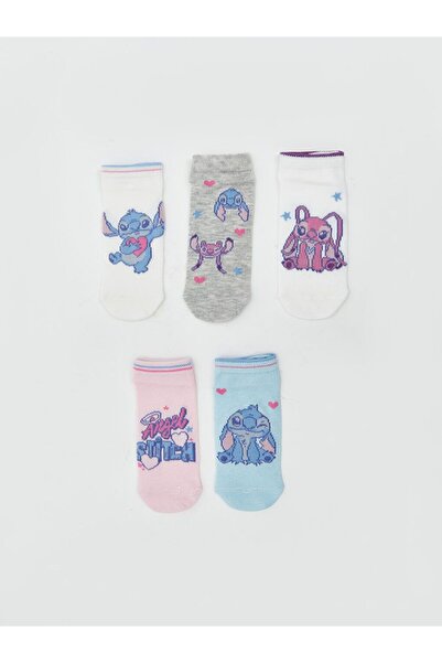 LC Waikiki Stitch and Angel Patterned Girl's Booties Socks 5-Piece