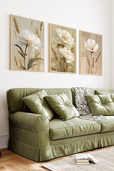 kutuTR Ahşap Çerçeveli 2D UV Baskı 3'lü Tablo set–Bohem Kuru Başak ve Beyaz Ç...