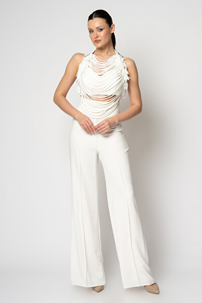 RENGIN Sırttan bağlamalı biyeli crop krep pantolon abiye takım