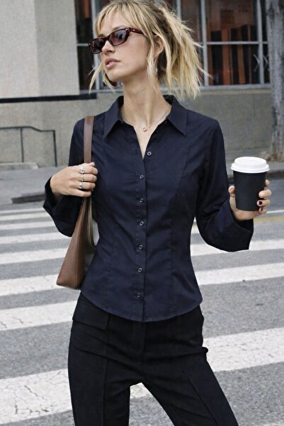 FİOX ATELİER Women's Navy Blue Long Sleeve Fitted Shirt Fio-120