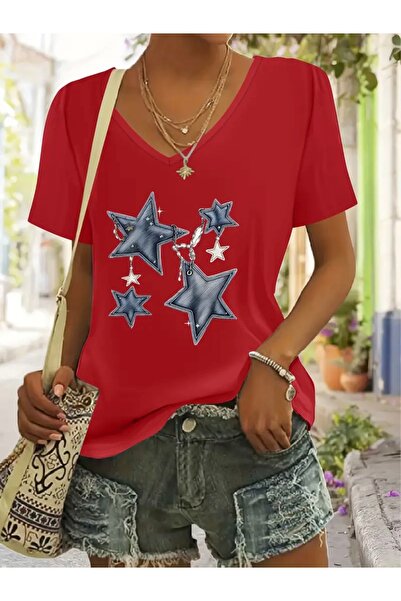 FUFLUNS Chain Star Printed Women's Oversize V-Neck T-Shirt