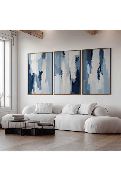 PAM STUDIO Mavi Bej Soyut 3’lü Çerçeveli Tablo Seti | Modern Minimal Duvar Ta...