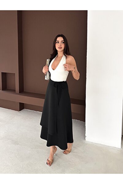 winmoda Tie-Waist Long Scuba Skirt – Soft Textured Full Fit